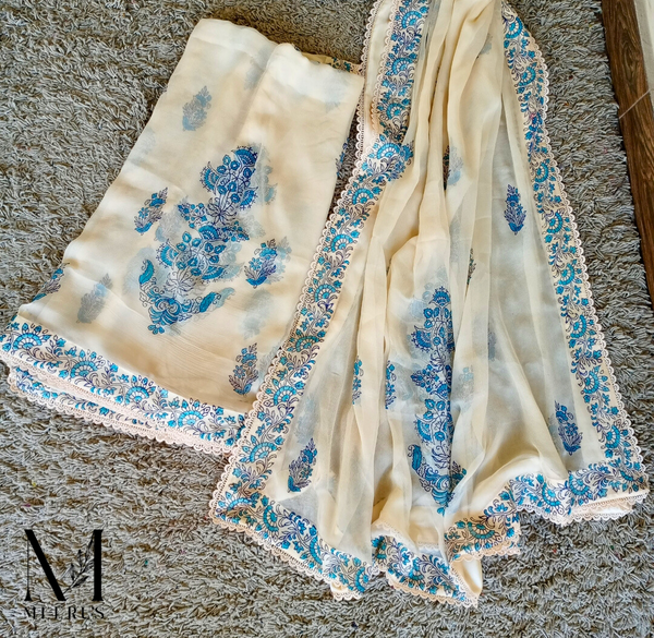 Cream Chiffon Dupatta (Block print finished with Lace & Silk)