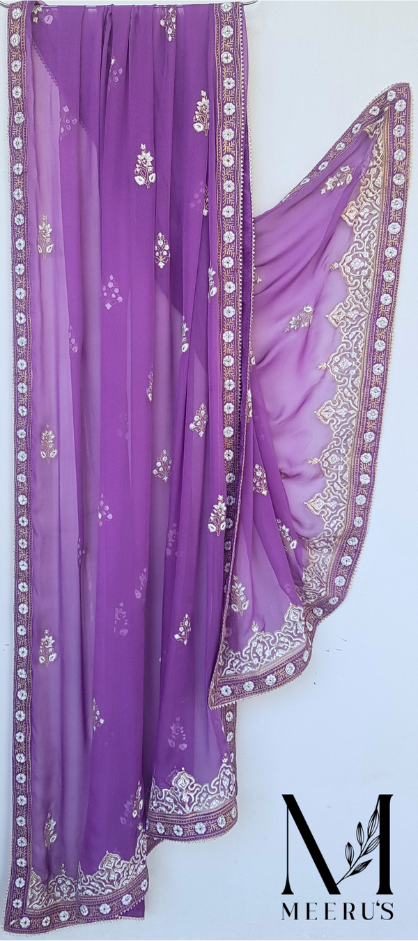 Purple Chiffon Dupatta (Block Print Finished with Gota Lace)