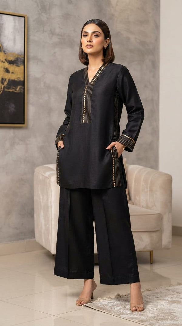 Mukesh - Black | 2 pc | Korean Raw Silk